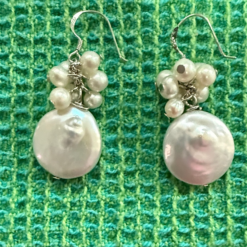 Freshwater Pearl Cluster Drop Earrings - White